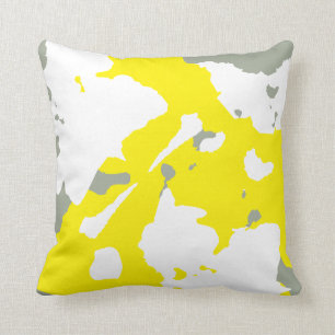 Yellow White and Grey abstract grey solid back Cushion