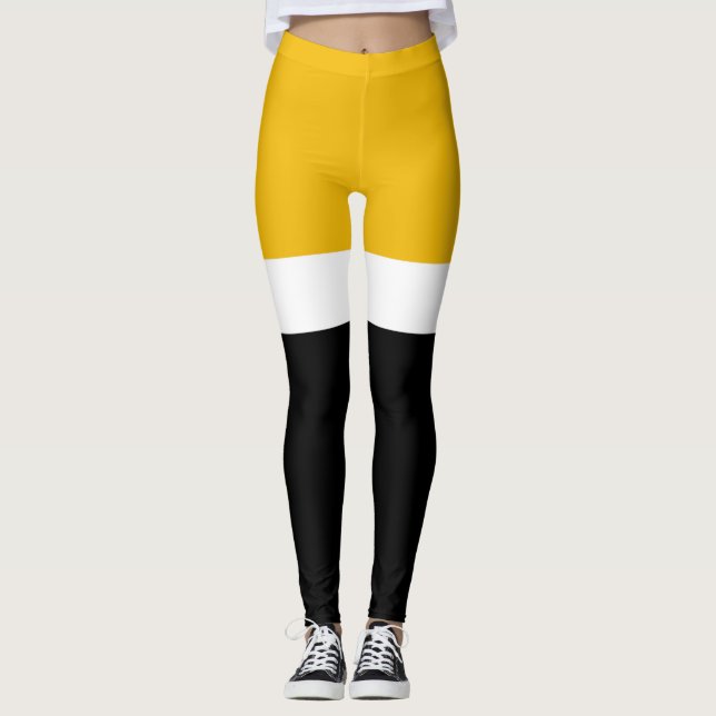 Yellow White Black Colour Block Style Design  Leggings (Front)