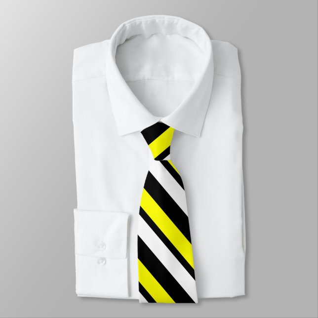 Yellow White Black Custom Thin Diagonally-Striped Tie (Tied)