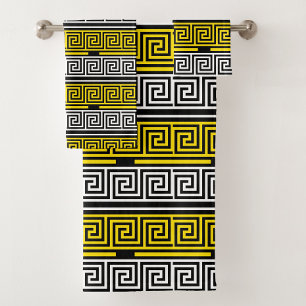 Yellow White Black Greek Key Fret Pattern Design Bath Towel Set