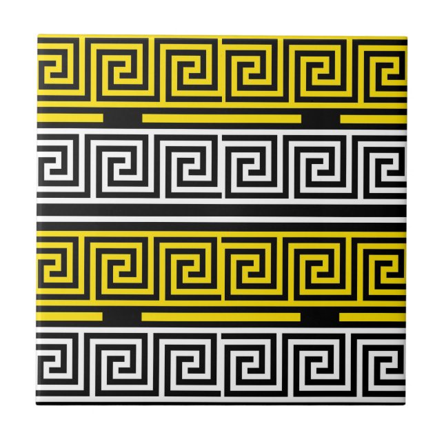 Yellow White Black Greek Key Fret Pattern Design  Ceramic Tile (Front)