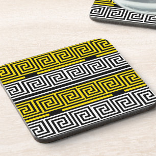 Yellow White Black Greek Key Fret Pattern Design  Coaster