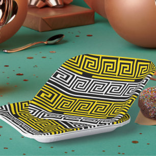 Yellow White Black Greek Key Fret Pattern Design Paper Plate
