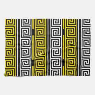 Yellow White Black Greek Key Fret Pattern Design  Tea Towel