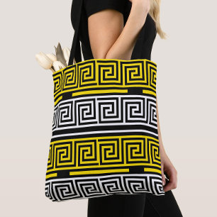Yellow White Black Greek Key Fret Pattern Design Tote Bag