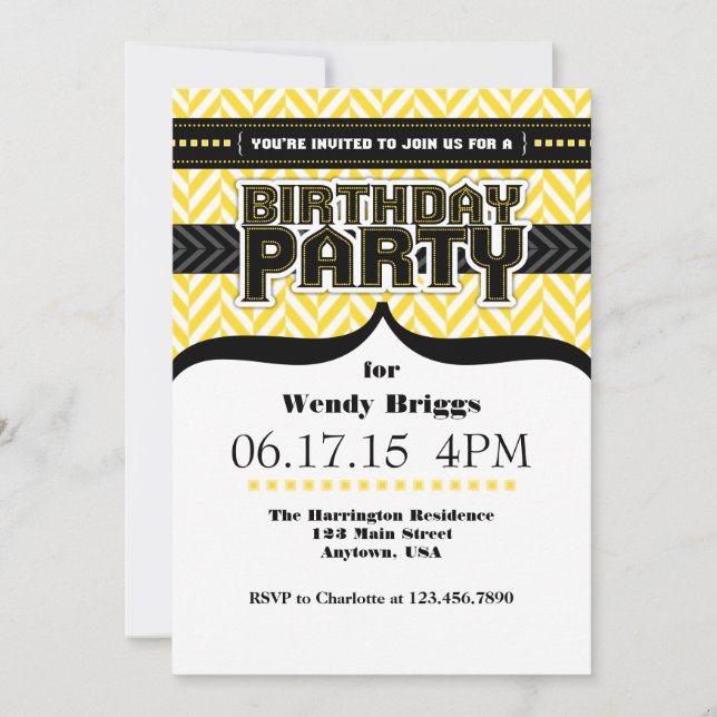 Yellow White Black Herringbone Birthday Invite (Front)