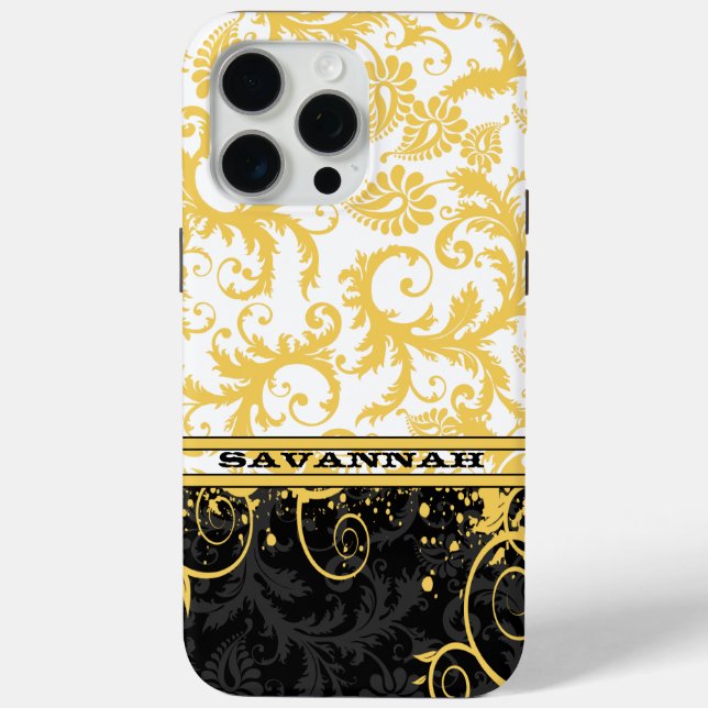 Yellow White Black Personalised Damask iPhone Skin Case-Mate iPhone Case (Back)