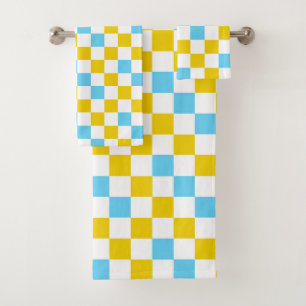 Yellow White Blue Chequered Design Bath Towel Set