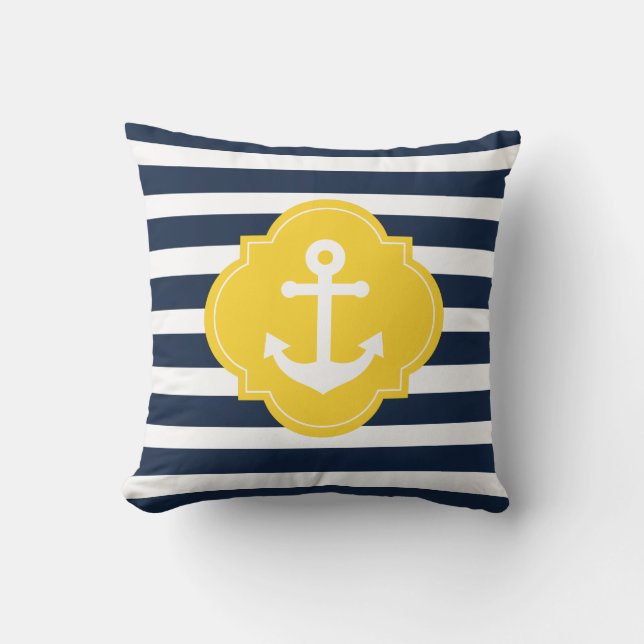 Yellow White & Blue Nautical Anchor Striped Pillow (Front)
