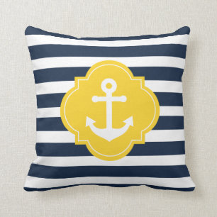 Yellow White & Blue Nautical Anchor Striped Pillow