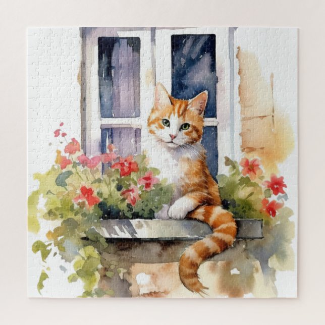 Yellow White Cat Window Flower Box Painting Jigsaw Puzzle (Vertical)