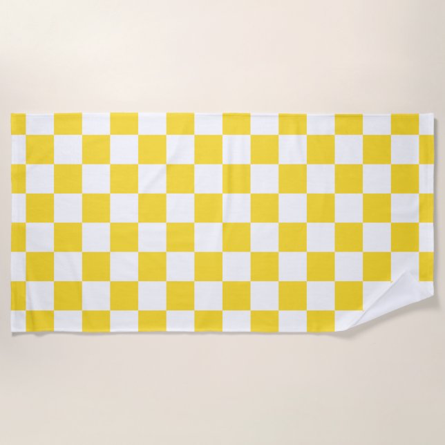 Yellow White Check Chequered Chequerboard Pattern Beach Towel (Front)