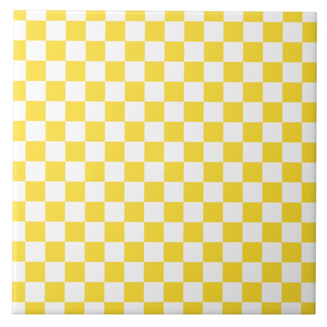 Yellow White Check Chequered Chequerboard Pattern Ceramic Tile (Front)