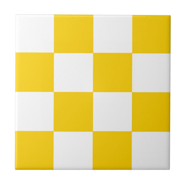 Yellow White Chequered Check Pattern Ceramic Tile (Front)