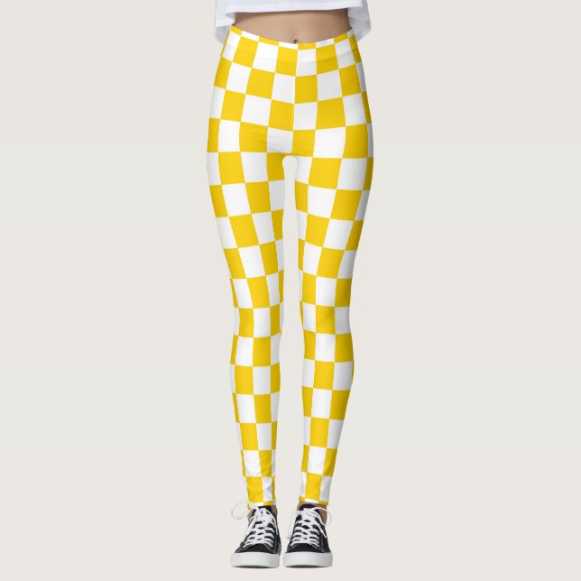 Yellow White Chequered Check Pattern Leggings (Front)