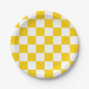 Yellow White Chequered Check Pattern Paper Plate