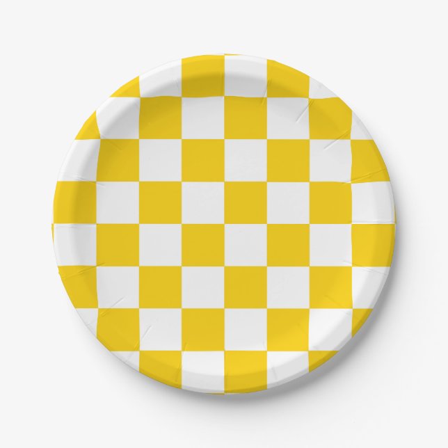 Yellow White Chequered Check Pattern Paper Plate (Front)