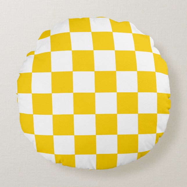 Yellow White Chequered Check Pattern Round Cushion (Front)