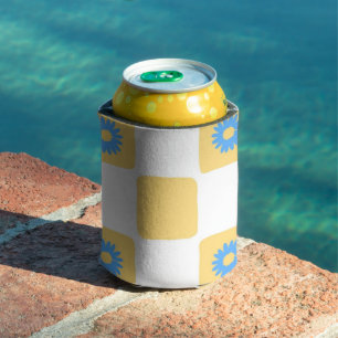 Yellow White Chequered With Blue Flower Pattern Can Cooler