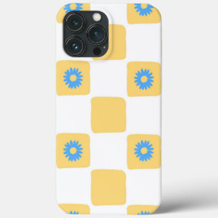 Yellow White Chequered With Blue Flower Pattern iPhone 13 Pro Max Case
