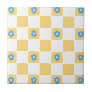 Yellow White Chequered With Blue Flower Pattern Ceramic Tile