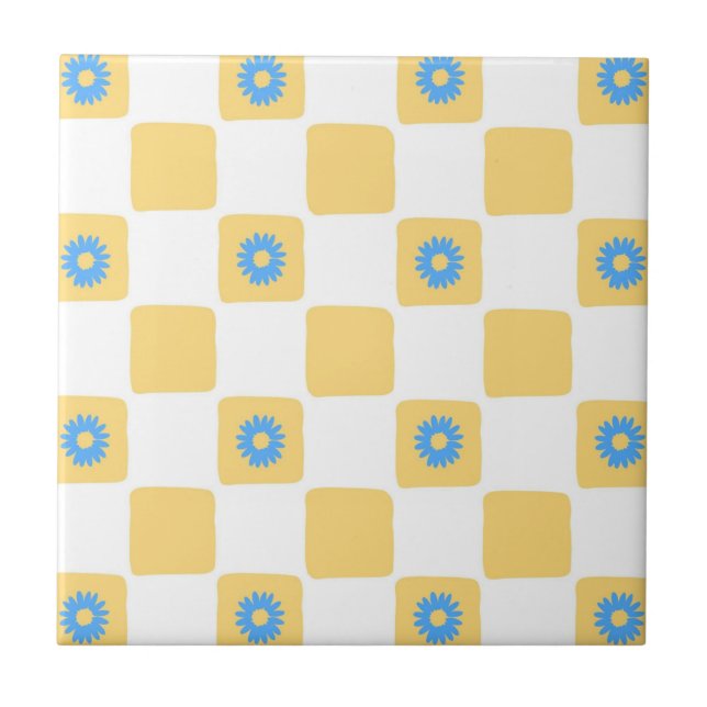 Yellow White Chequered With Blue Flower Pattern Ceramic Tile (Front)
