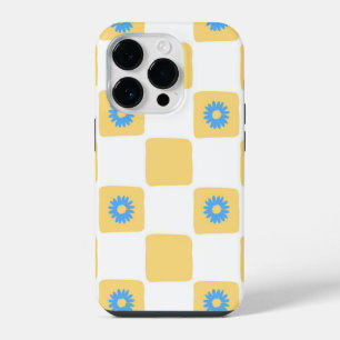 Yellow White Chequered With Blue Flower Pattern iPhone 14 Pro Case