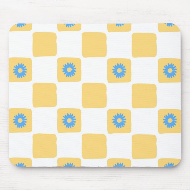 Yellow White Chequered With Blue Flower Pattern Mouse Pad