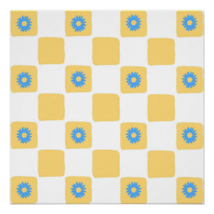 Yellow White Chequered With Blue Flower Pattern Poster