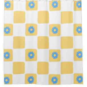 Yellow White Chequered With Blue Flower Pattern Shower Curtain