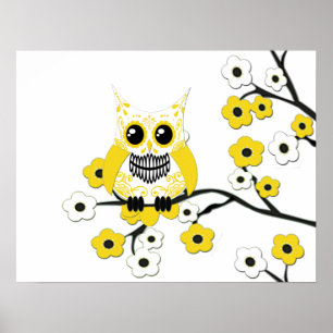 Yellow White Cherry Blossom Owl Poster
