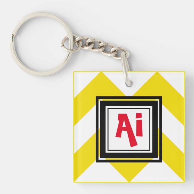 Yellow & White Chevron Custom Red Monogram Key Ring (Front)