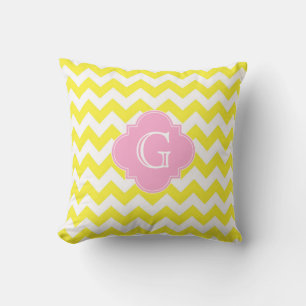 Yellow White Chevron Pink Quatrefoil Monogram Cushion
