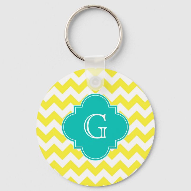 Yellow White Chevron Teal Quatrefoil Monogram Key Ring (Front)