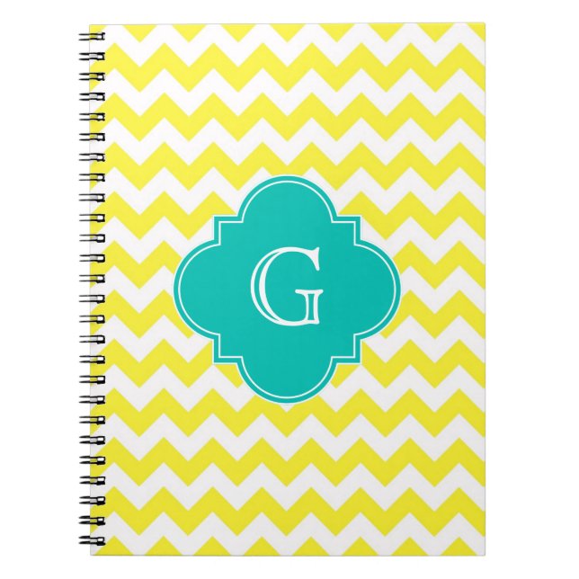 Yellow White Chevron Teal Quatrefoil Monogram Notebook (Front)