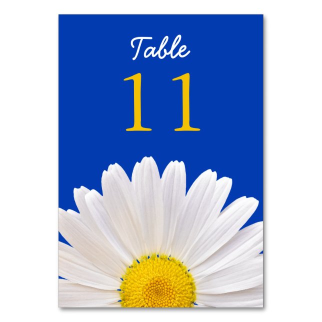 Yellow White Cobalt Shasta Daisy Flower Wedding Table Number (Front)