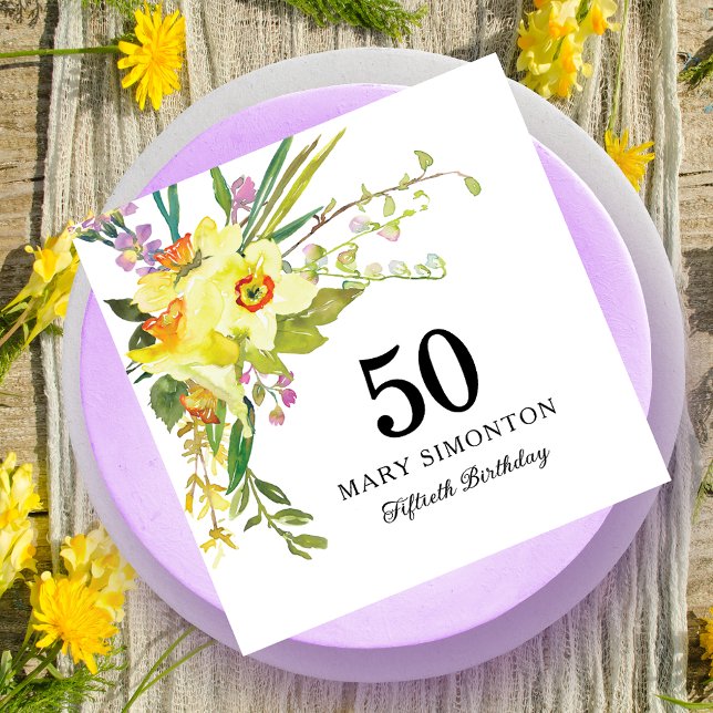 Yellow White Daffodil 50th Birthday Party Napkin (Creator Uploaded)