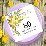 Yellow White Daffodil 80th Birthday Party Napkins<br><div class="desc">Very pretty yellow floral paper napkins for a 80th birthday party. Daffodils and small purple and white flowers are nestled in Boho greenery to create a beautiful spring bouquet. 80 is written in large text with the birthday celebrant's name below and then Eightieth Birthday. All of the text can be...</div>