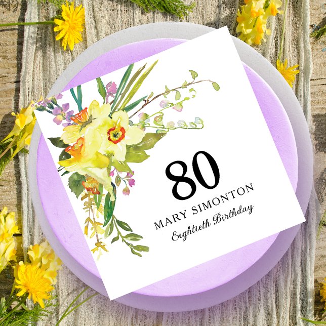 Yellow White Daffodil 80th Birthday Party Napkins (Creator Uploaded)