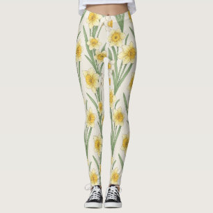 Yellow White Daffodil Botanical Floral Leggings