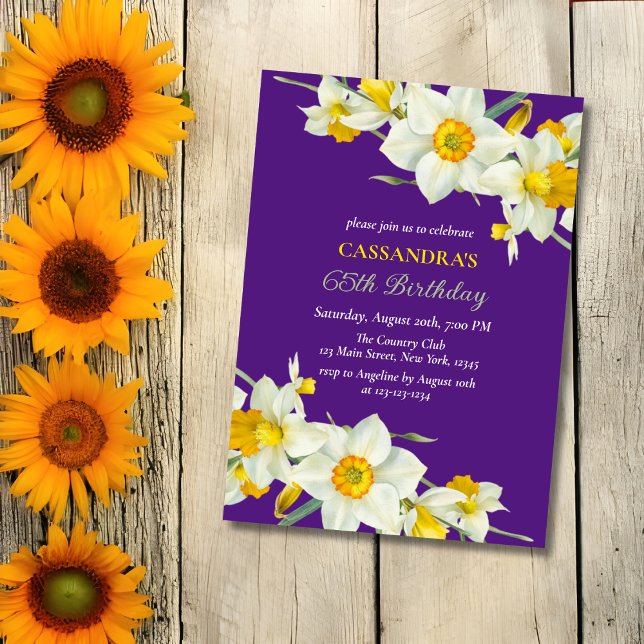 Yellow White Daffodil Floral Purple Birthday  Invitation (Creator Uploaded)
