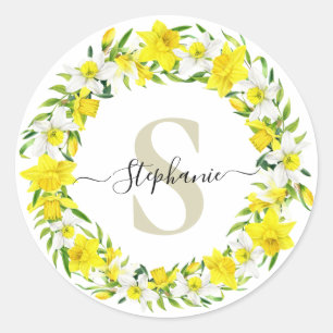 Yellow White Daffodil Garland Monogram Name Classic Round Sticker