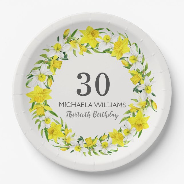 Yellow White Daffodil Wreath 30th Birthday Paper Plate (Front)