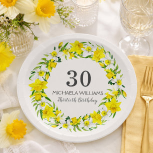 Yellow White Daffodil Wreath 30th Birthday Paper Plate
