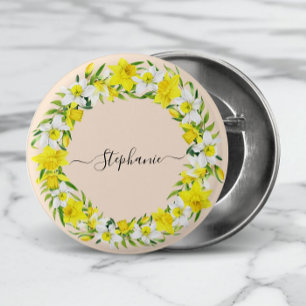 Yellow White Daffodils Garland Monogram Name  3 Cm Round Badge