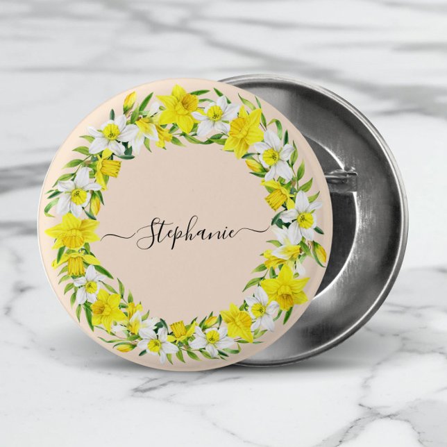 Yellow White Daffodils Garland Monogram Name  3 Cm Round Badge (Add name, or other short text to personalize.)