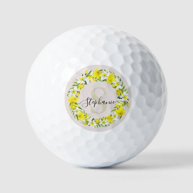 Yellow White Daffodils Garland Monogram Name Golf Balls (Front)