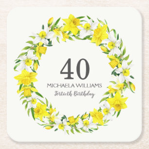 Yellow White Daffodils Wreath 40th Birthday Square Paper Coaster