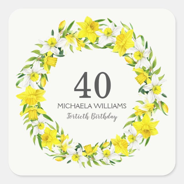 Yellow White Daffodils Wreath 40th Birthday Square Sticker (Front)