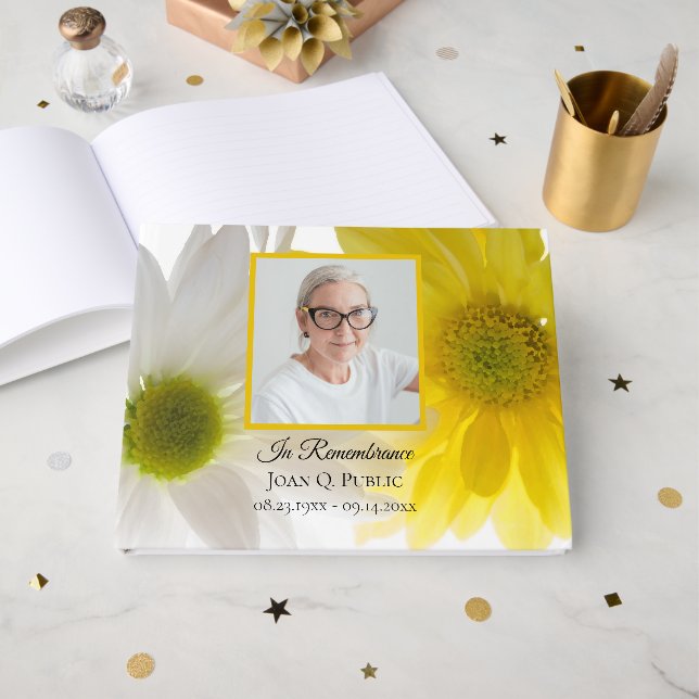 Yellow White Daisies Celebration of Life Funeral Guest Book (Front Open)